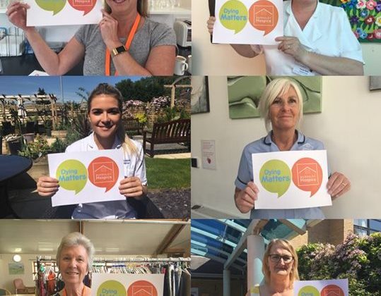 A collage of people holding signs saying Dying Matters with the Barnsley Hospice logo