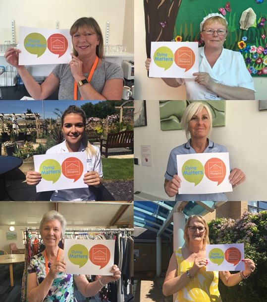 A collage of people holding signs saying Dying Matters with the Barnsley Hospice logo