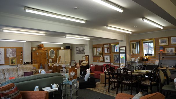 Photo of the interior of the Barnsley Hospice furniture charity shop