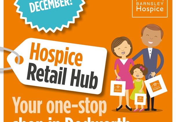Image of an advertisement for the Barnsley Hospice Retail Hub in Dodworth. The advert is of a family holding shopping bags