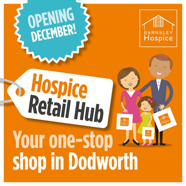 Image of an advertisement for the Barnsley Hospice Retail Hub in Dodworth. The advert is of a family holding shopping bags