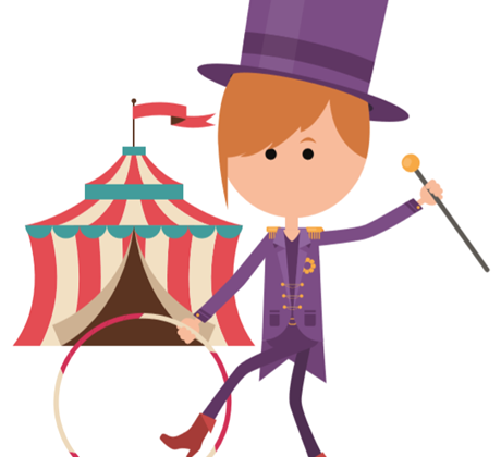 Image of a ring master and circus tent.