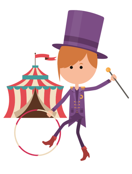 Image of a ring master and circus tent.