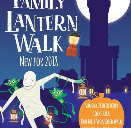 Image of a poster for Barnsley Hospice's Family Lantern Walk. The poster has an illustration of Locke Park Tower, lanterns, halloween gargoyles and a mummy.