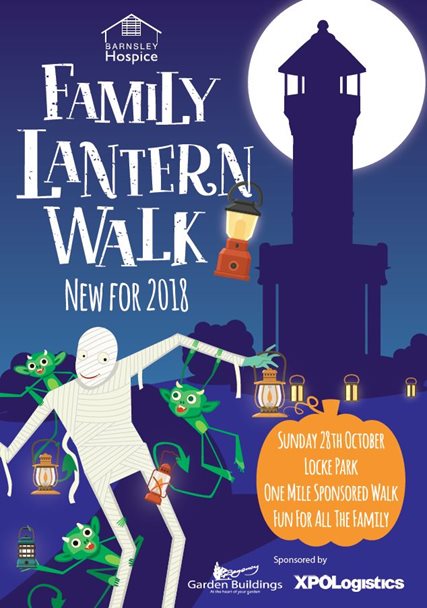 Image of a poster for Barnsley Hospice's Family Lantern Walk. The poster has an illustration of Locke Park Tower, lanterns, halloween gargoyles and a mummy.