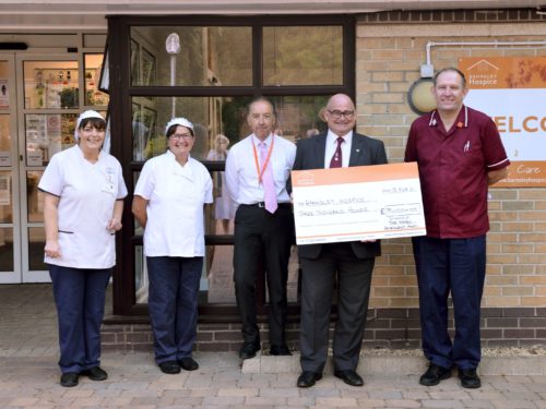John Sealey with hospice staff Sue Parton and Sarah Parkinson, Ian Muffett and Chris Black.