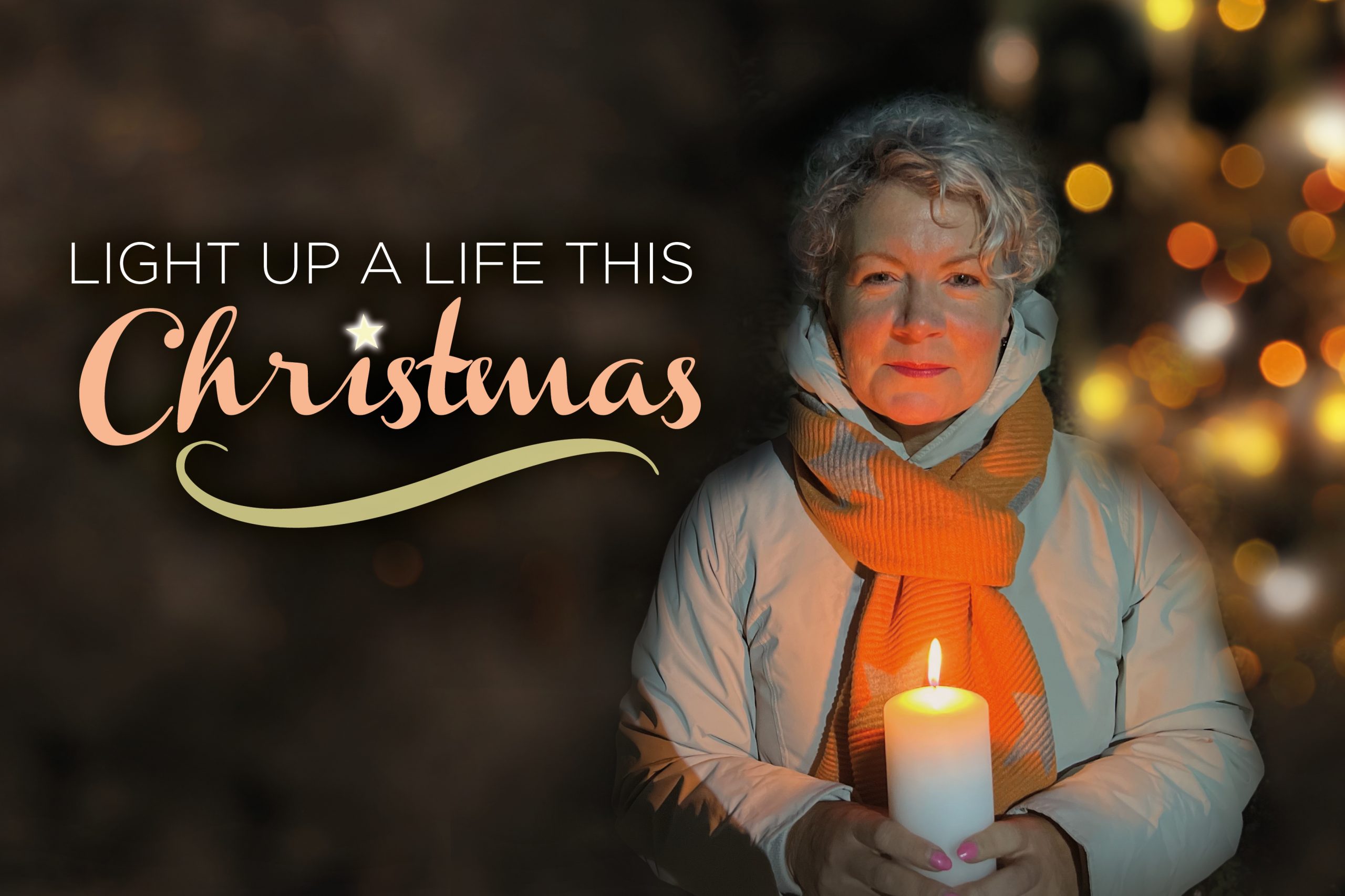 Image of a lady holding a lit candle and text reading: Light up a life this Christmas