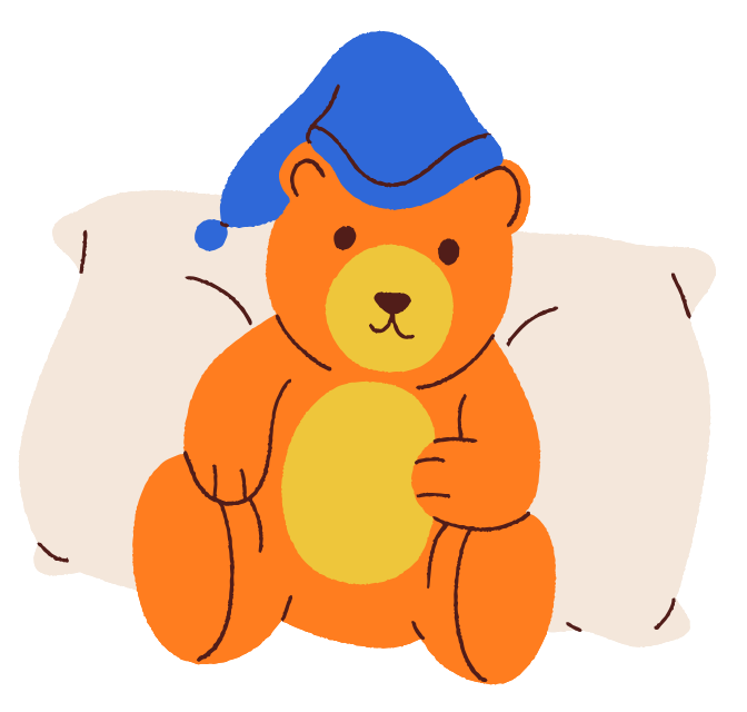 illustration of teddy bear wearing a blue hat sitting in front of a pillow