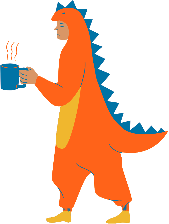 illustration of figure wearing a dinosaur onesie holding a mug